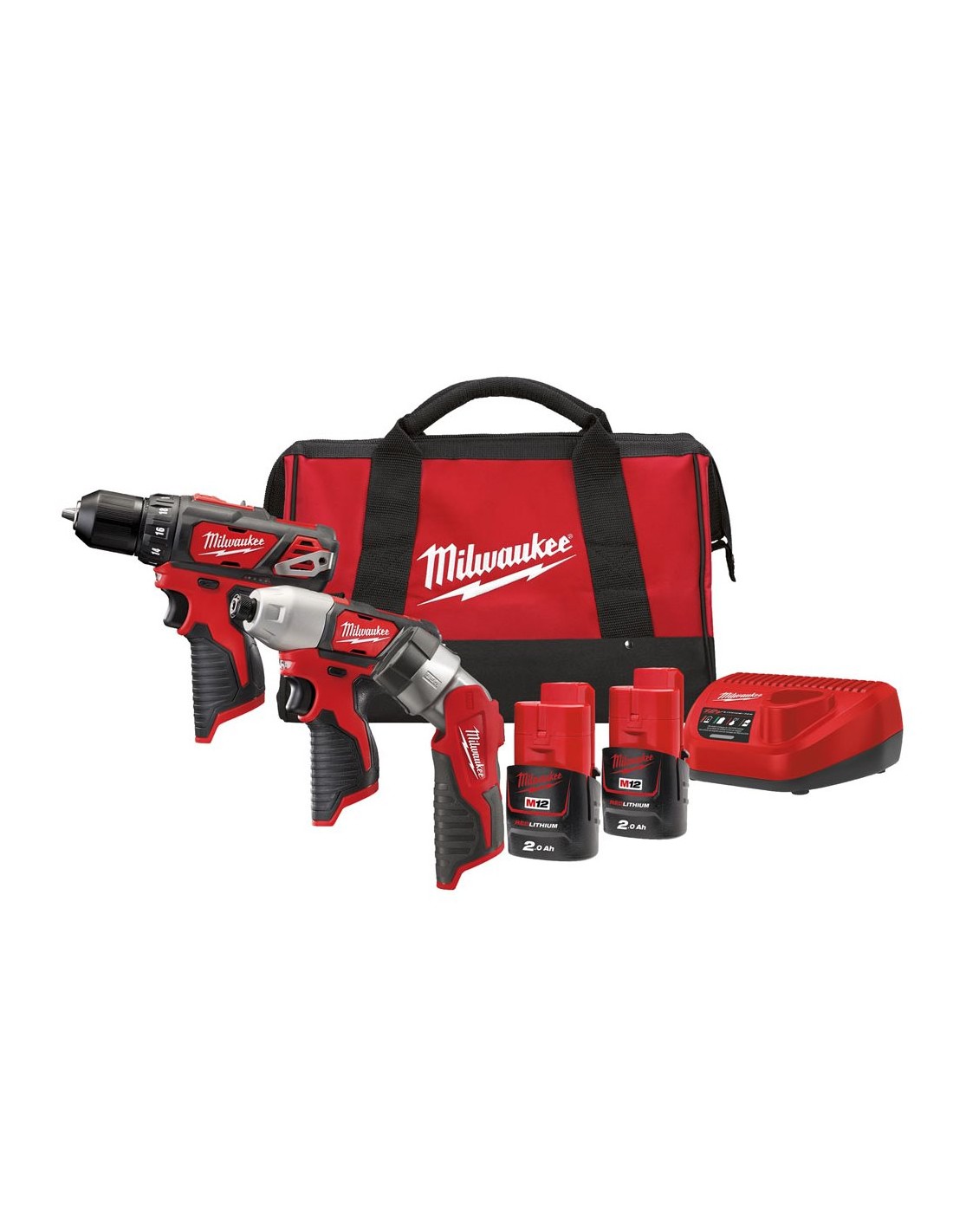 Kit PowerPack Milwaukee M12 BPP3A-202B con trapano, avvitatore e torcia LED